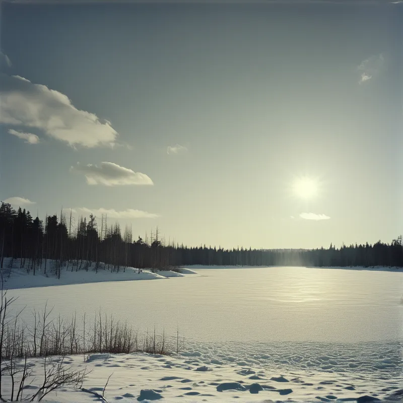 A vast frozen lake reflects the low sun amidst snow covered coniferous trees and bare winter shrubs.