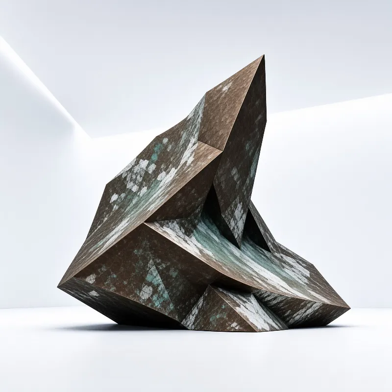 A folded piece of oxidized copper rests on a seamless white surface under soft studio lighting.