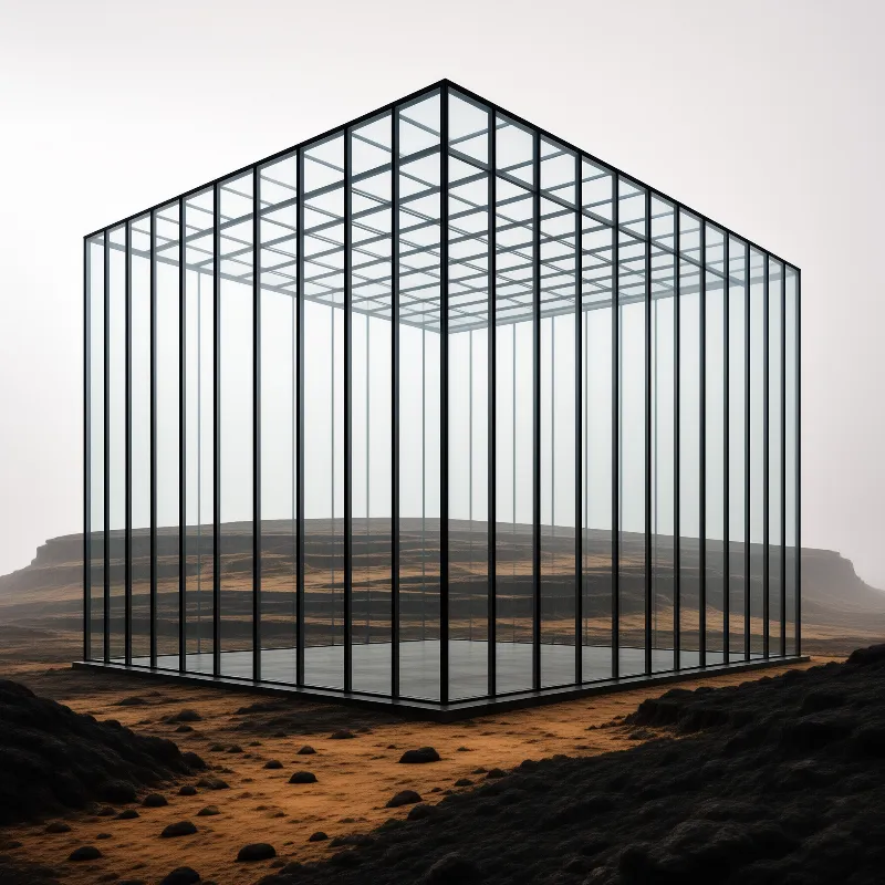 A clear steel framed cube of glass panels stands before mesas and rust dunes under pale desert haze.