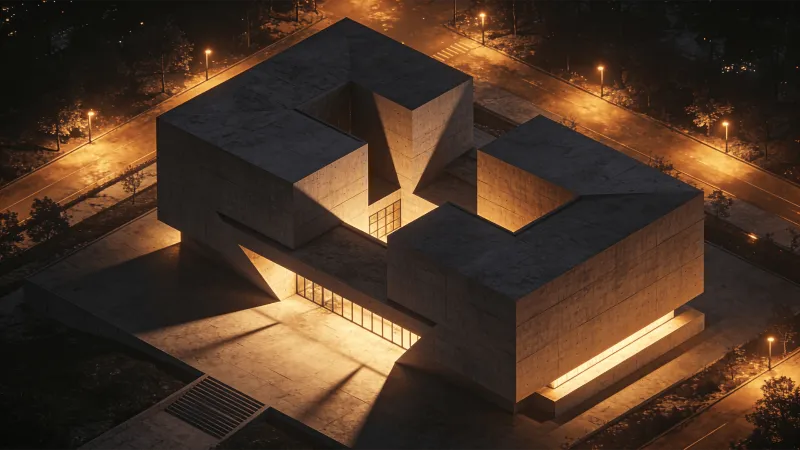 Museum with Brutalist Massing — Night With Warm Lights