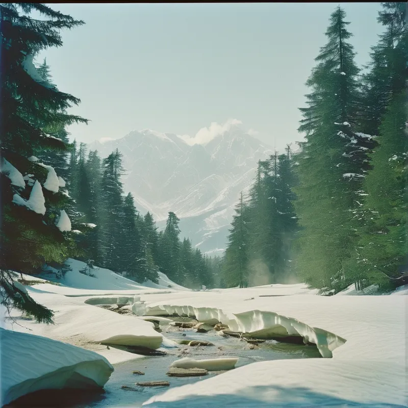 A partially frozen stream winds through a deep snowy valley lined with tall evergreen trees under a pale sky.