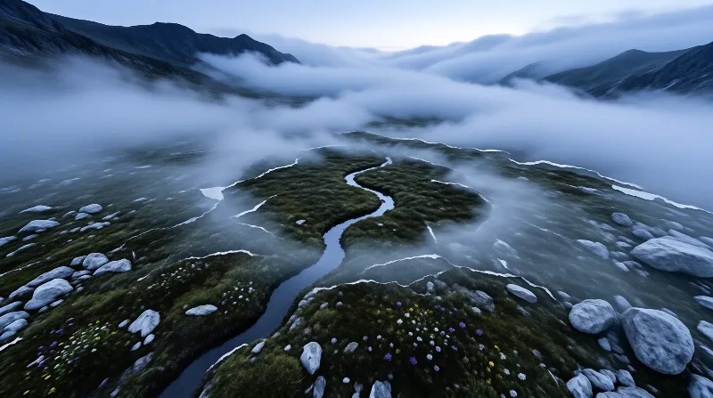 A slender creek winds through an alpine meadow at dusk as low cloud drifts between dark ridgelines dotted with wildflowers.
