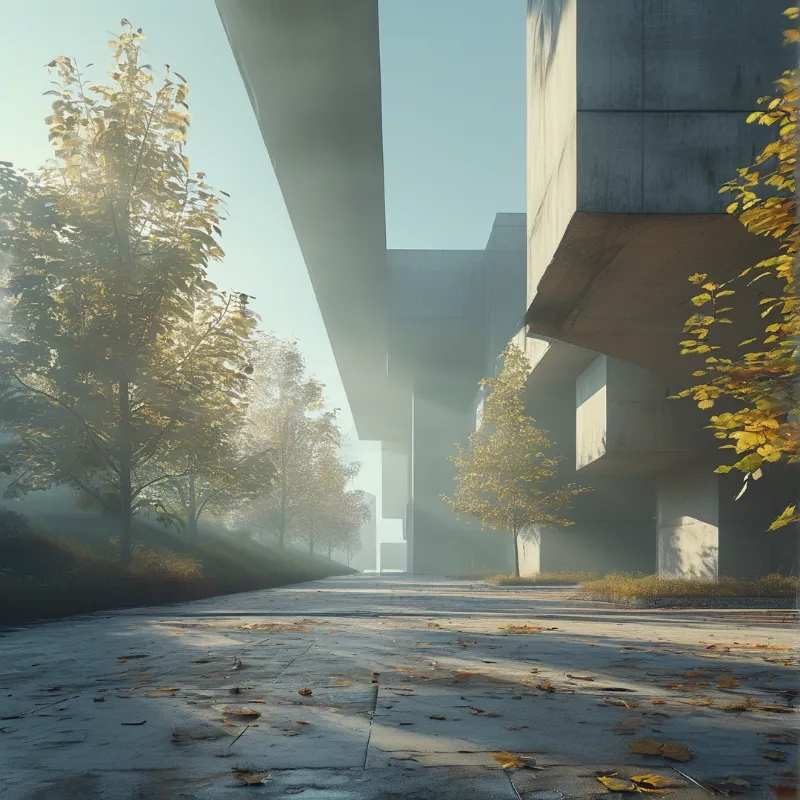 Concrete overpass structures loom above a leaf-strewn road while golden morning light filters through the misty air.