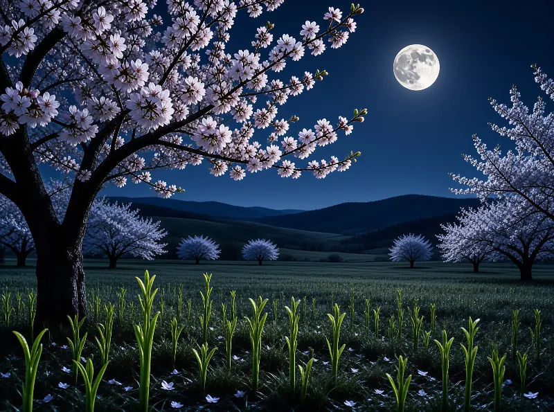 Blooming cherry blossom trees stand in a grassy field beneath a large bright moon against a dark blue night sky.