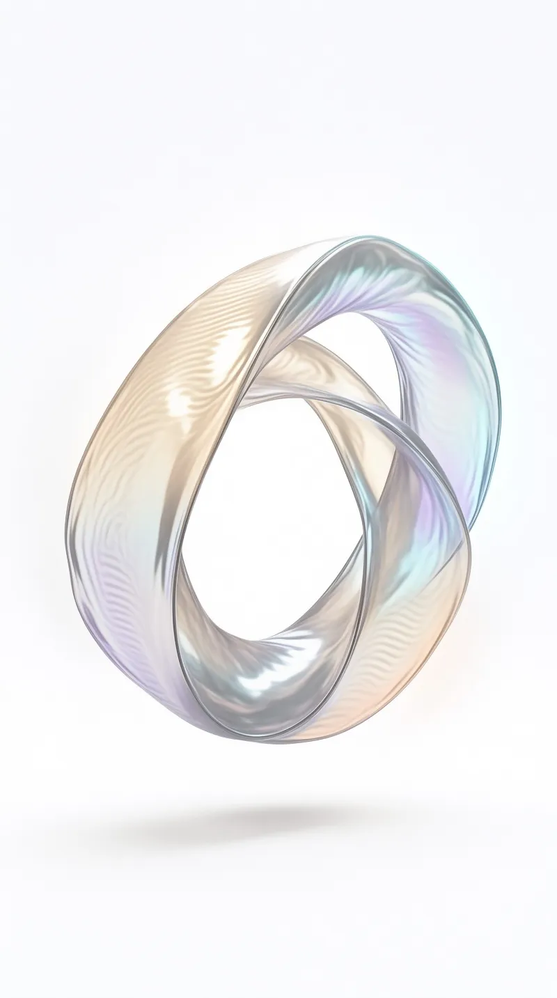 A twisted iridescent band floats suspended against a seamless white background displaying soft pearlescent gradients.