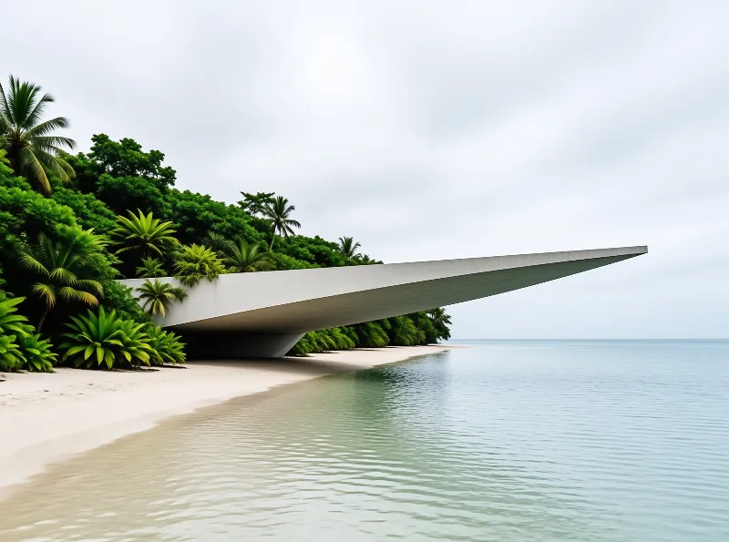 A thin white concrete canopy juts out over pale sand and shallow green water beside dense palm trees.