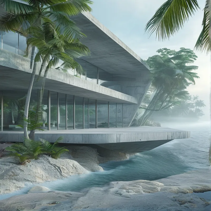 A minimalist concrete structure with glass walls extends over the sea, framed by palm trees and fog.
