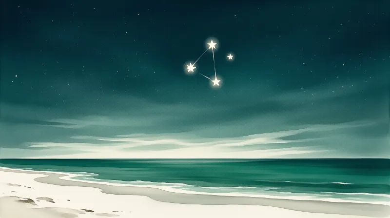 Four glowing stars linked by faint lines hang in a teal night sky above a calm sea and pale shore.