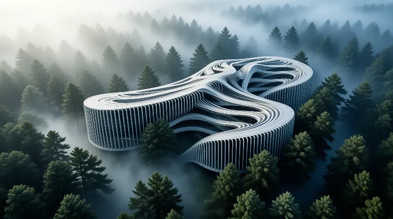 A curving biomorphic structure with ribbed white walls nestles among pine trees veiled in drifting mountain fog.