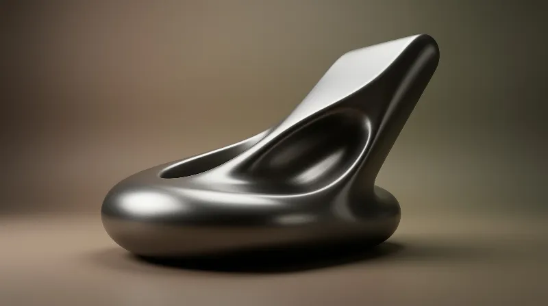 A sleek silver abstract chair shape rests on a neutral surface with soft shadows.