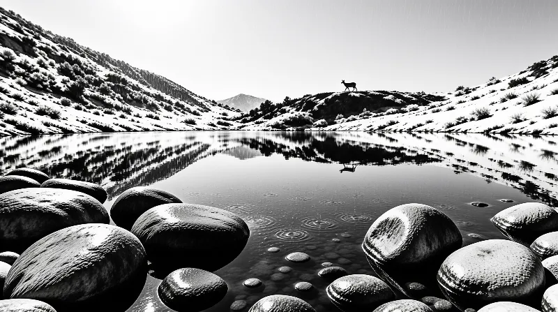 A solitary deer stands atop a snowy ridge while its silhouette reflects in the calm water below smooth foreground stones.