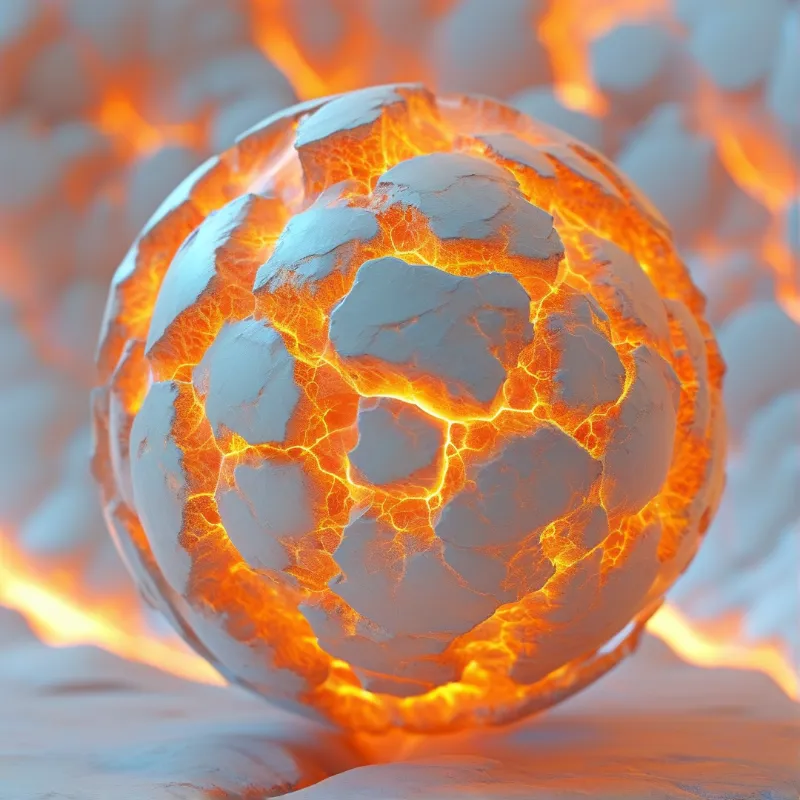 A cracked grey stone sphere shows bright orange lava in its fissures, on scorched ground with blurred smoldering rocks behind.