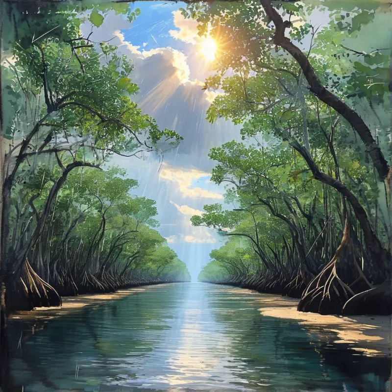 A lush mangrove forest lines a calm river where bright sunbeams pierce through clouds to illuminate the water.