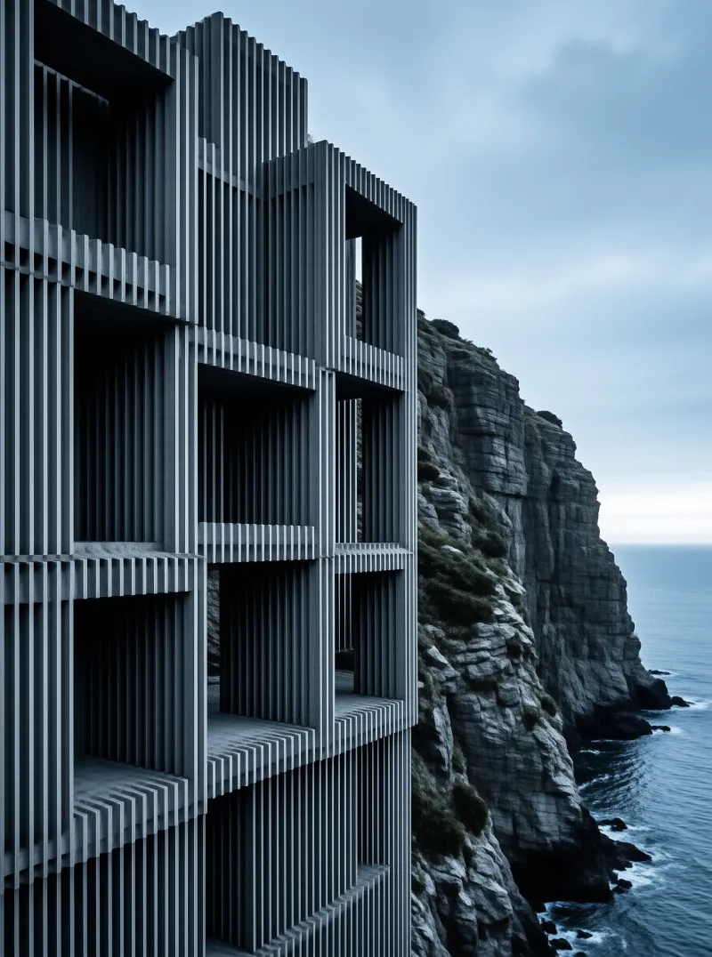 A modern building with vertical slats stands atop a steep cliff overlooking the ocean under a cloudy sky.