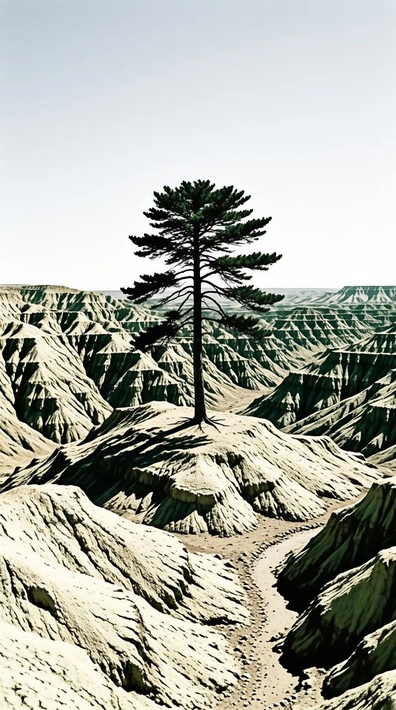 A single tall pine tree stands prominently on a ridge above a vast network of eroded canyon gullies under a bright sky.