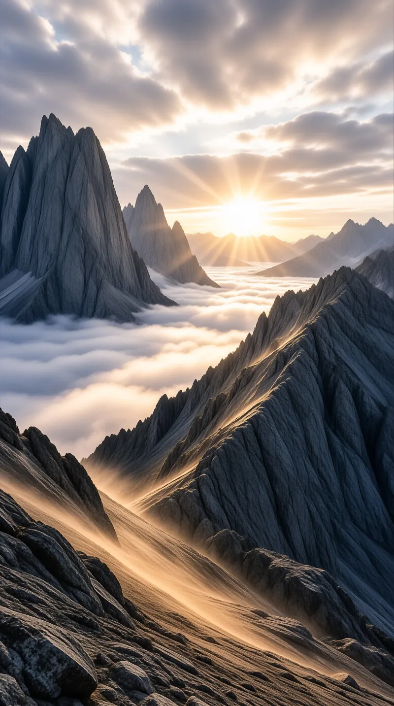 Jagged grey rock peaks tower over a smooth white sea of clouds as the morning sun bursts through low cloud banks.