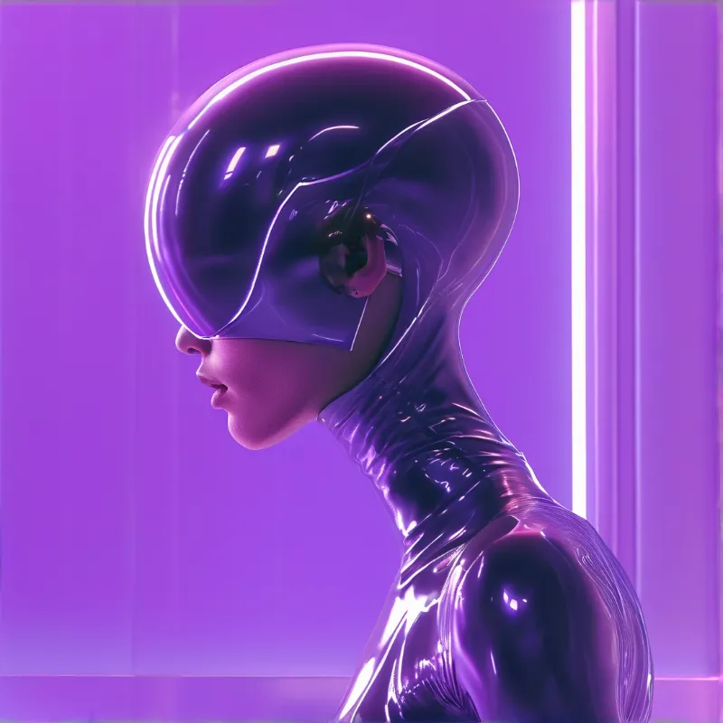 A profile view of a glossy metallic head wearing a futuristic helmet against a purple background with vertical lighting.
