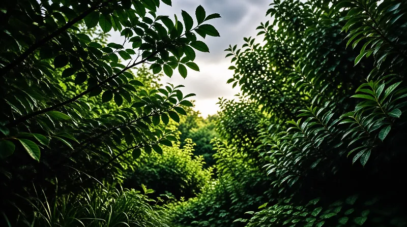 Dark green leaves surround a bright opening in the trees where sunlight shines through the canopy.