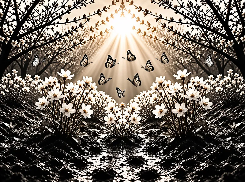 White woodland flowers line a dark forest path as spotted butterflies hover beneath sunbeams through bare branches.