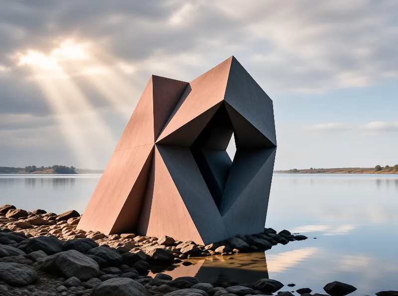 A large angular metal structure stands on a pebbly beach beside calm water while golden light shines through clouds.