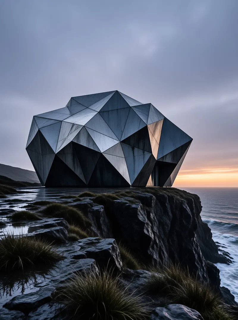 A large geometric structure rests on a grassy cliff edge overlooking the ocean under a twilight sky.