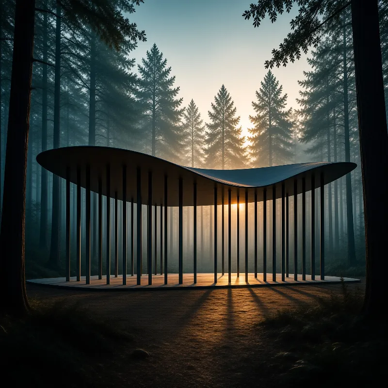A curved shelter stands in a misty forest, vertical slats filter golden sunlight streaming behind, casting long shadows.