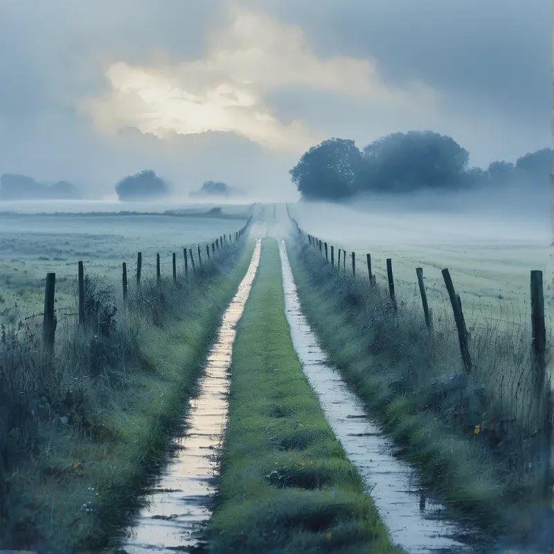 A wet country lane stretches straight away flanked by wooden fences while sunlight breaks through fog above fields.