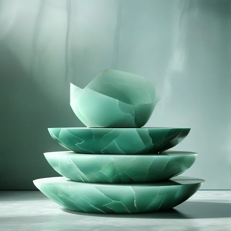 Four green stone bowls with natural veining are stacked on a smooth surface under soft diffused lighting.