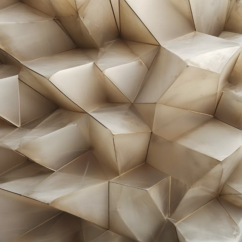 Golden metallic surface featuring irregular polygonal facets with soft lighting highlighting the geometric angles and edges.