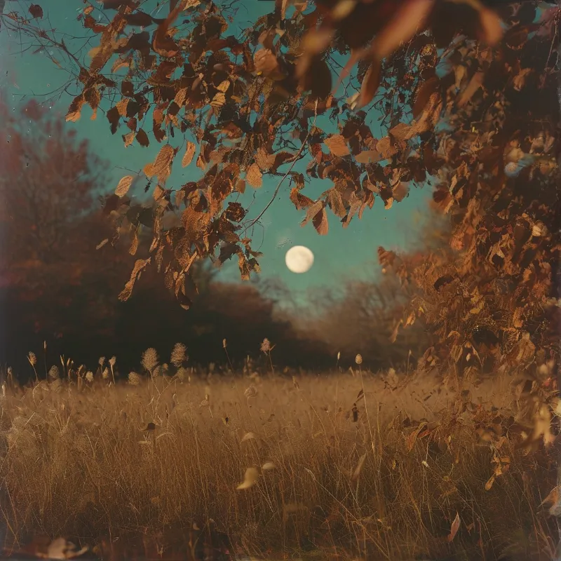 Brown autumn leaves hang over a grassy field while a bright white moon shines against a vivid teal sky during twilight.