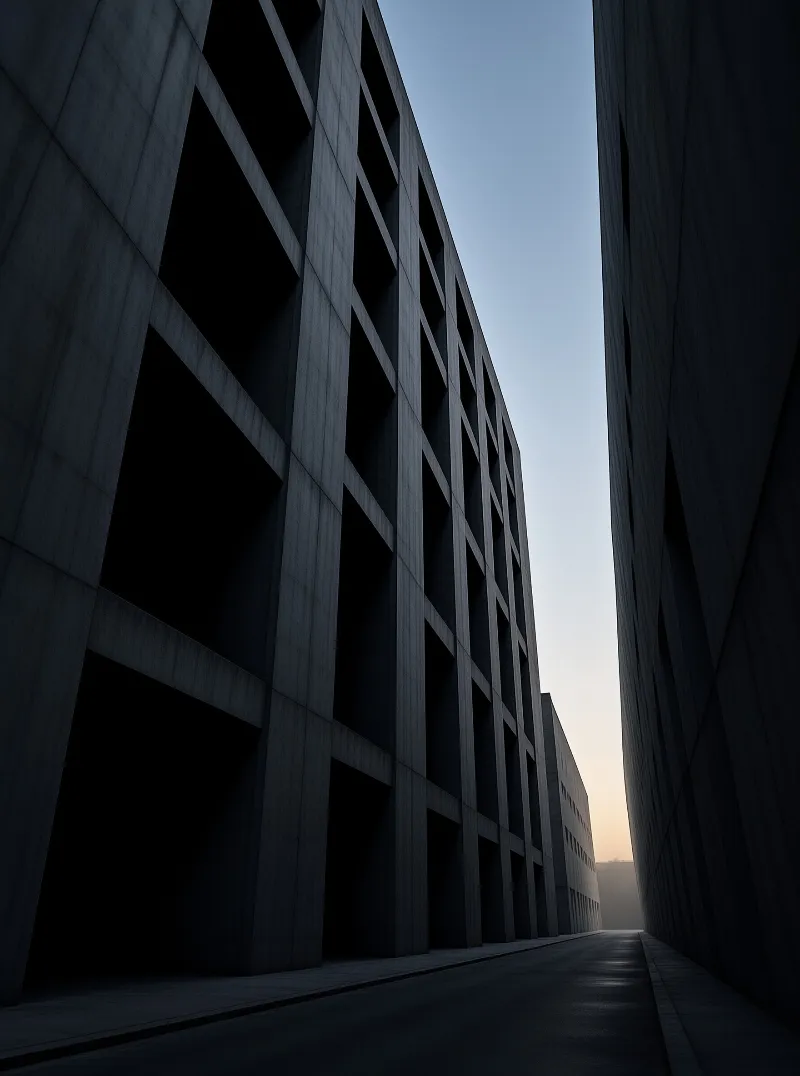 Two massive concrete buildings with dark grid windows create a narrow alleyway leading toward a glowing horizon.