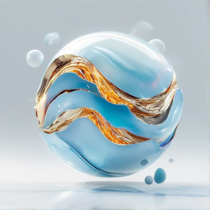 A glossy pale blue orb contains swirling gold liquid while floating above a reflective surface with scattered droplets.