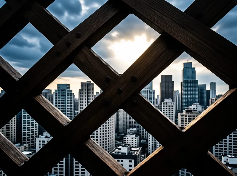 A dark wooden lattice fence frames a view of tall skyscrapers and clouds illuminated by fading sunlight.