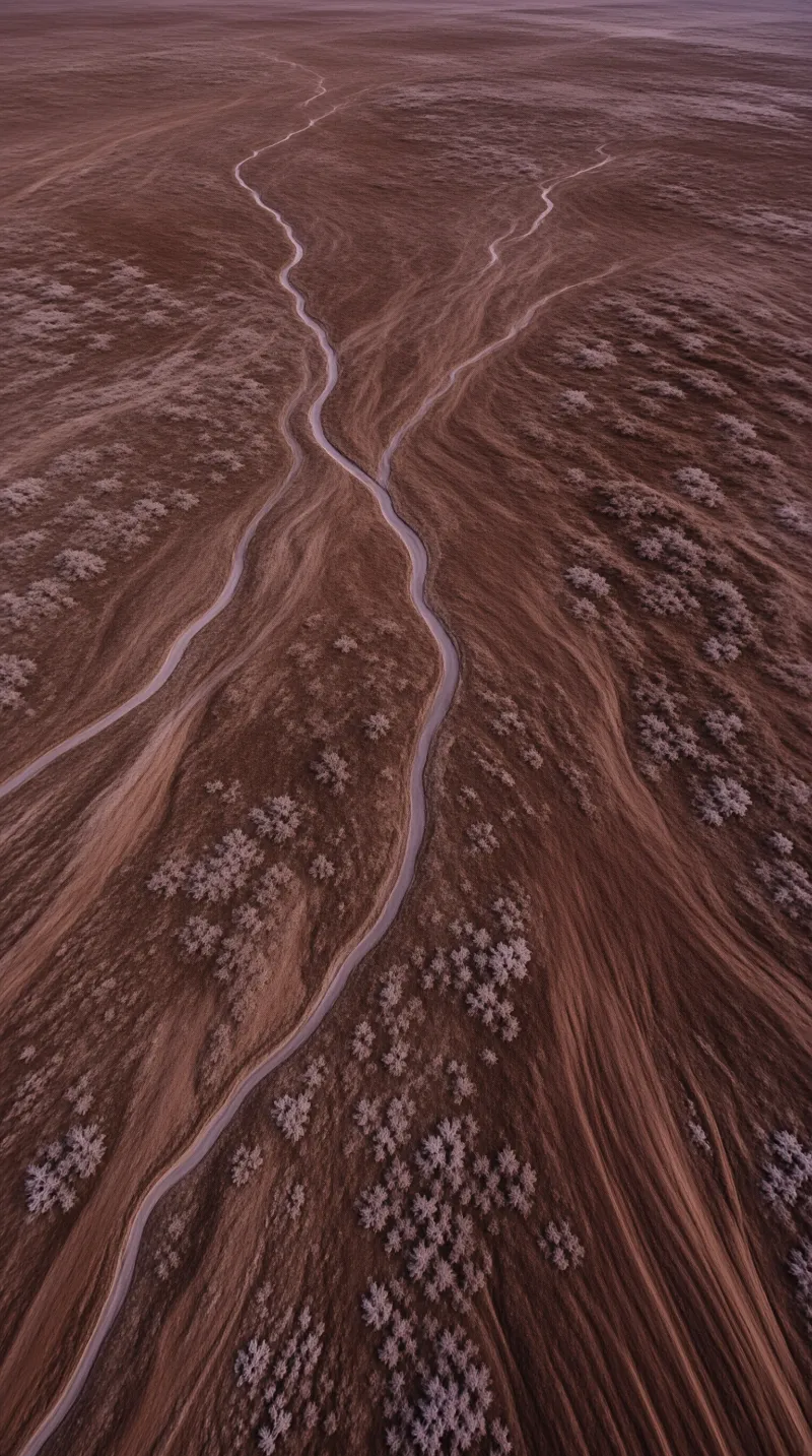 Aerial view of two forking curving roads cut through a frost dusted dry reddish grassland dotted with small pale trees.