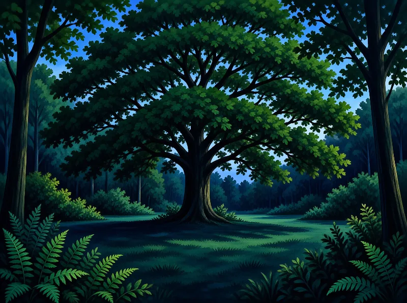 A broad canopied tree anchors this lush forest glade while deep blue dusk settles between the ferns