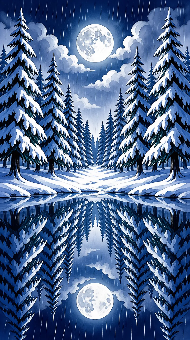 A stylized illustration shows snow-laden evergreen trees under a bright full moon during a blue-toned night rain.