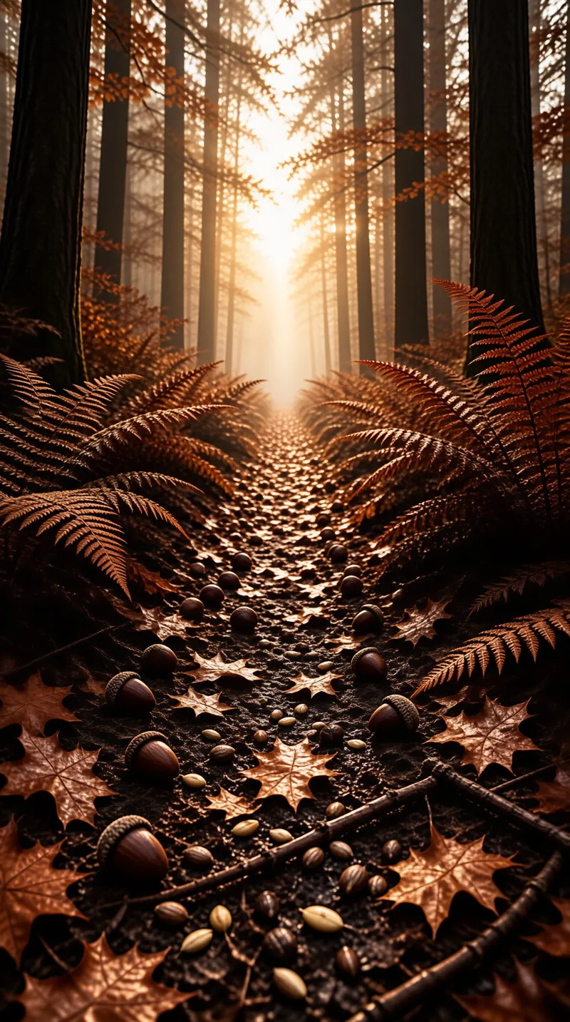 A misty forest path lined with brown ferns and scattered acorns bathed in warm golden sunlight streaming from the distance.