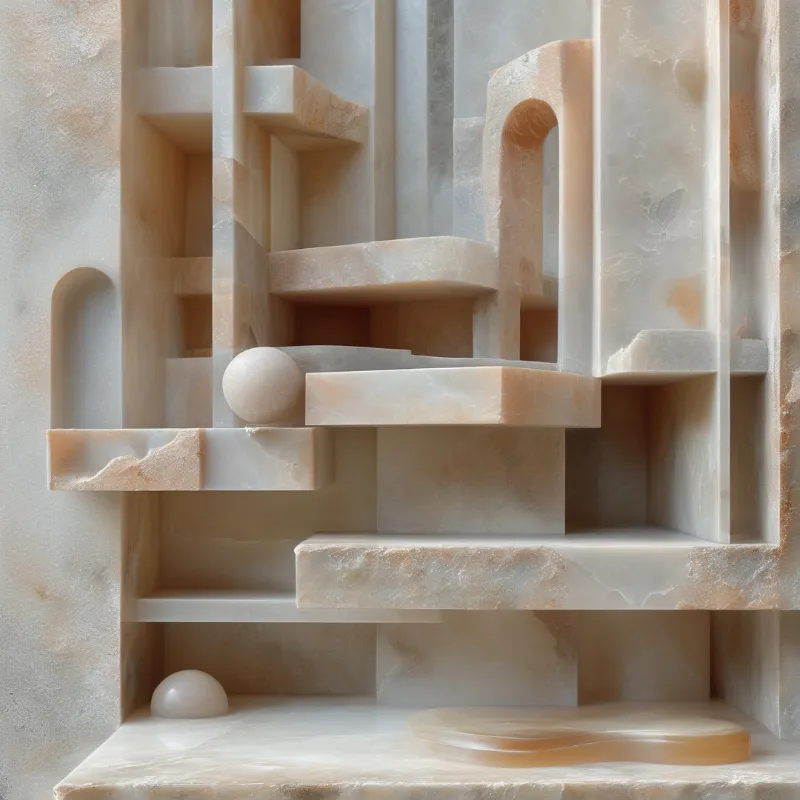 Surreal beige stone architecture with geometric steps, arches, and spheres bathed in soft warm lighting.