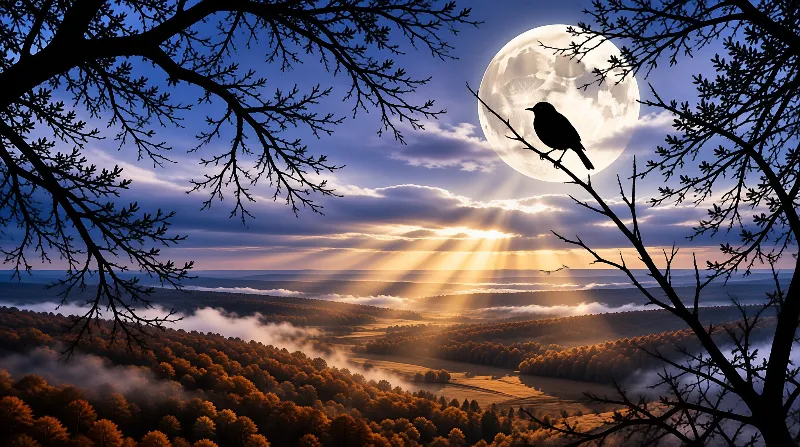 A bird silhouette perches on a branch against a large moon while light beams shine over a misty autumn valley.