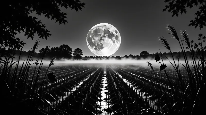 A massive bright moon hangs low over a field of water-filled crop rows stretching toward a misty tree line.