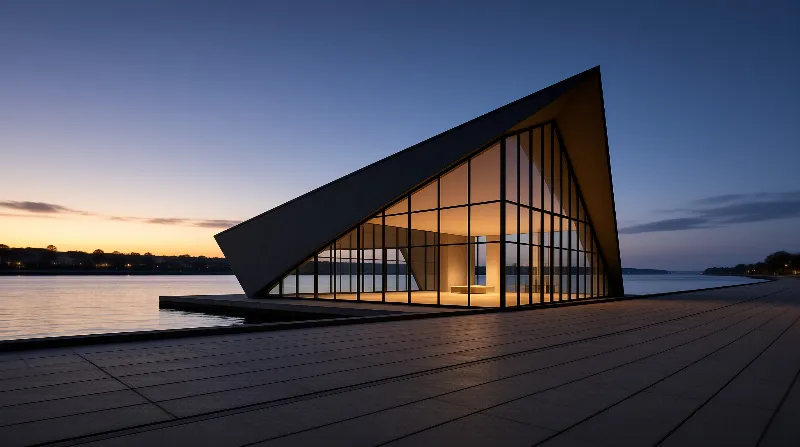 A modern angular glass pavilion with warm interior lighting stands on a stone plaza beside a calm lake at twilight