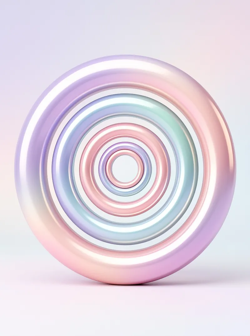 Soft pink and purple concentric rings float in a gradient space with glossy highlights and smooth curves.