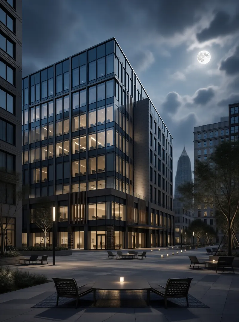 Glass Office Tower in Moonlit Plaza