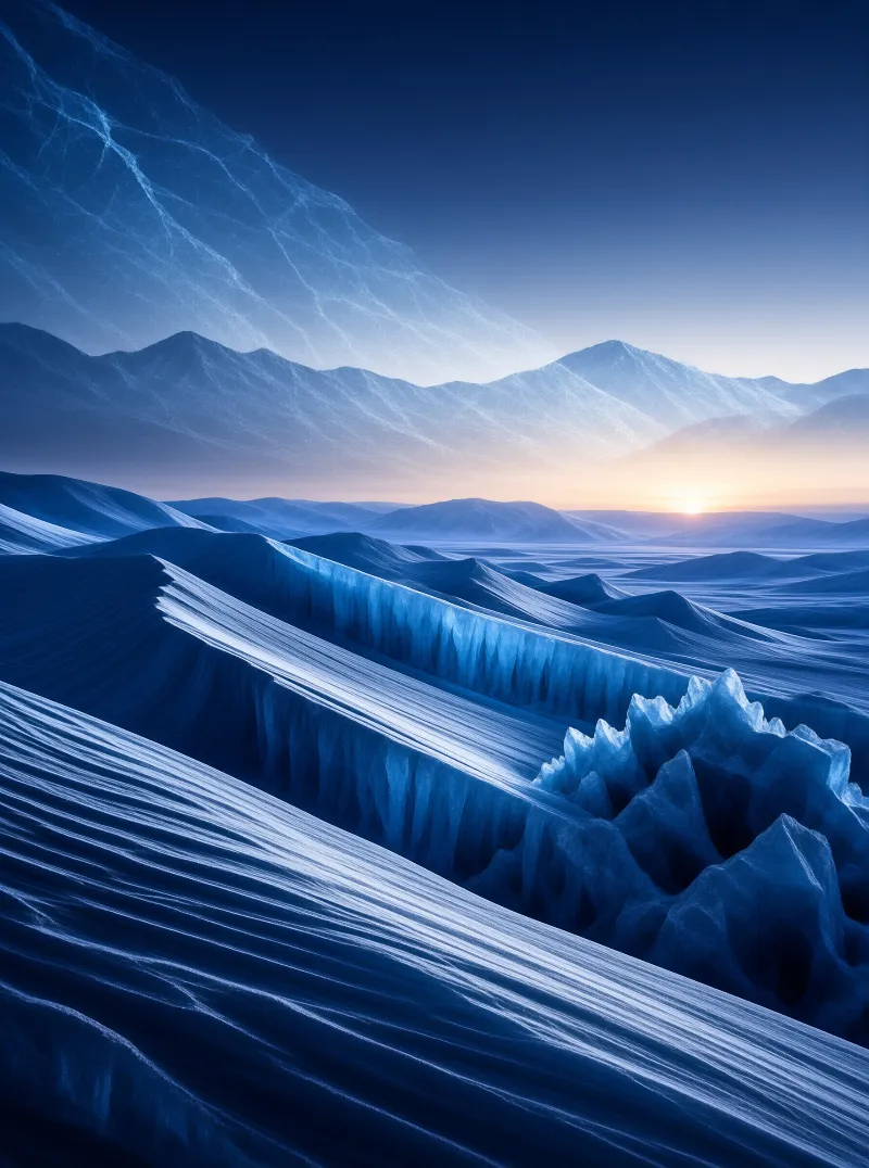 Snowy mountain ridges and jagged ice formations extend toward a warm sunrise glowing above distant blue silhouettes.