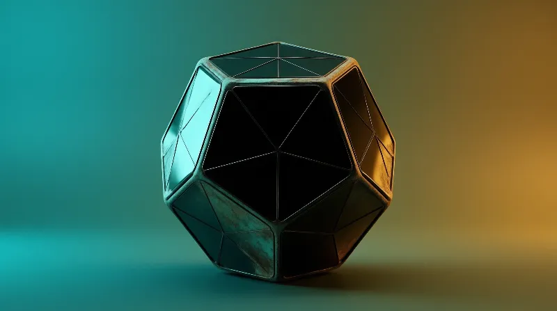 A dark faceted geometric shape sits against a blurred background featuring a gradient from teal to warm orange lighting