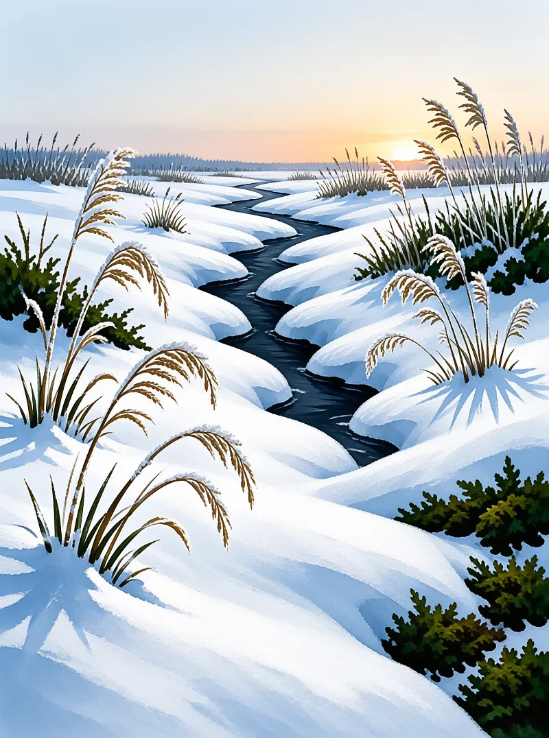 A narrow stream winds through snow drifts and frosted grass under a soft sunrise.