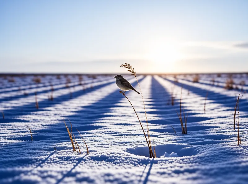A lone songbird balances on a thin stem as long blue shadows rake across the frosted winter field.