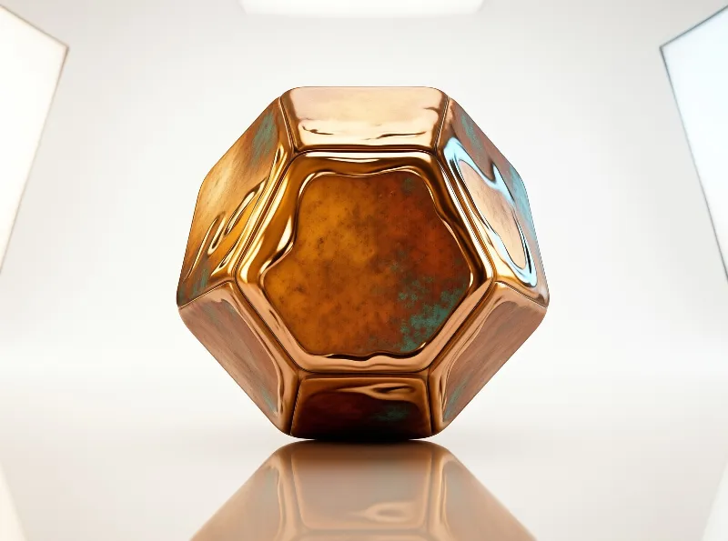 A polished copper twelve sided solid with green patina rests on a glossy white surface reflecting softly