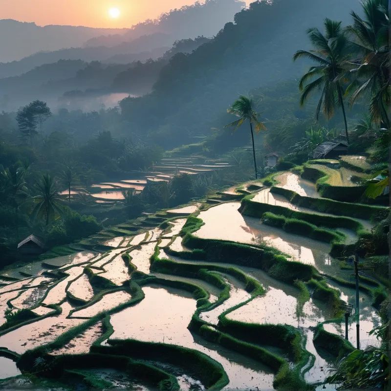 Stepped flooded rice fields curve through palm dotted mountain slopes as soft golden morning light washes over misty distant ridges.