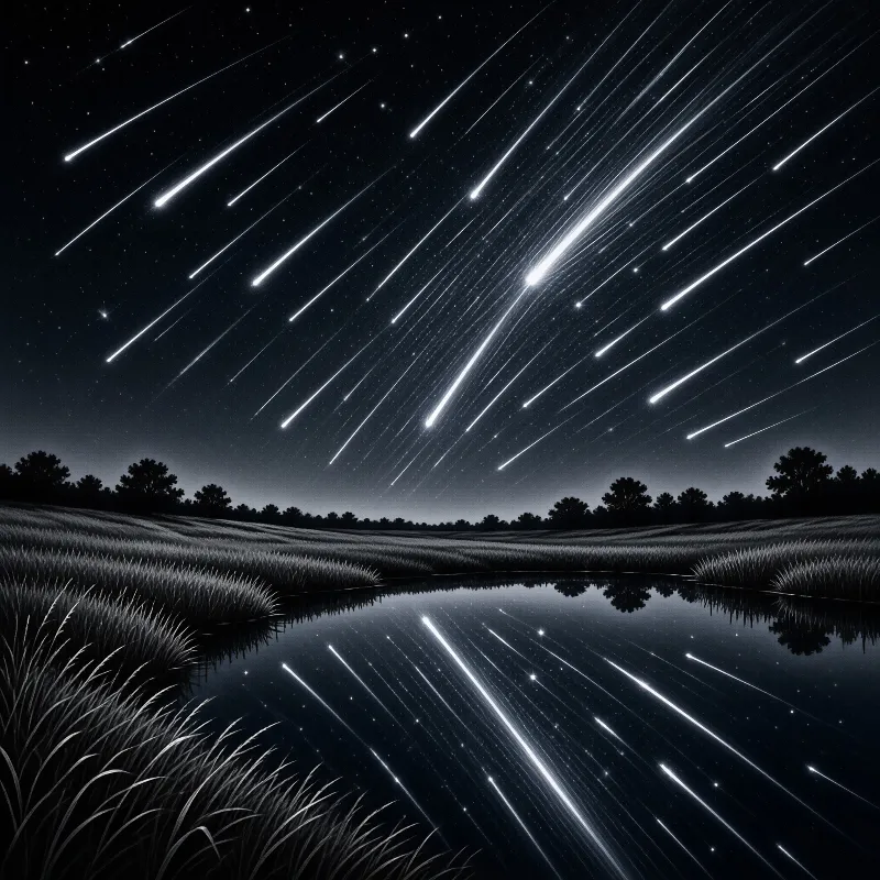 Bright meteors streak across a dark sky above a calm lake and grassy field